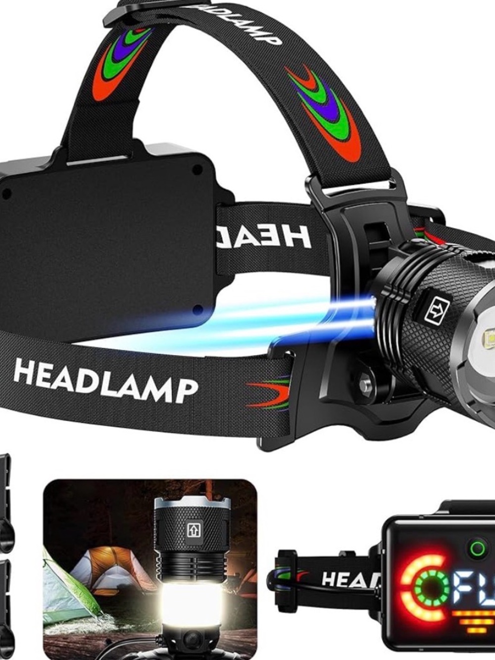 LED Headlamp with Adjustable Straps - Black with Colorful Accents